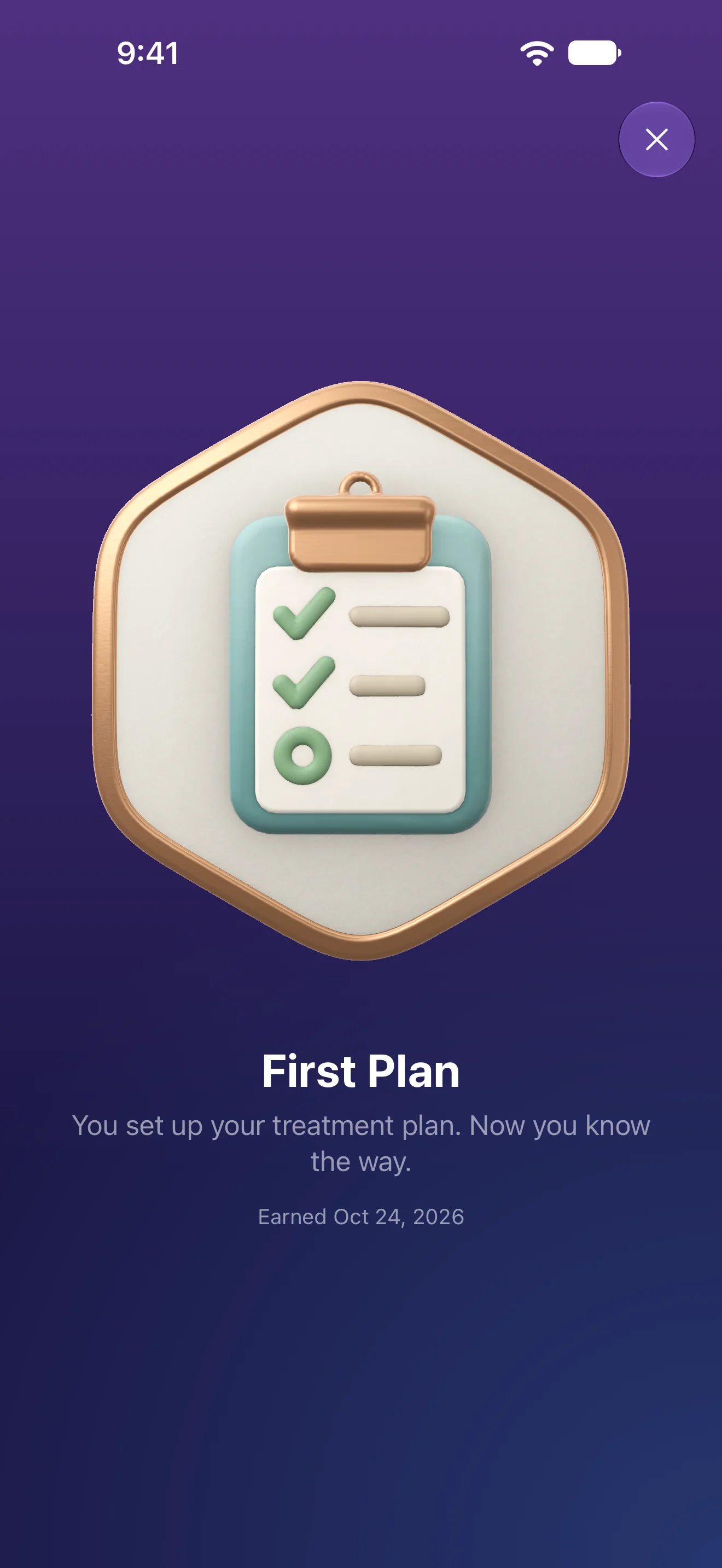 The First Plan award in TrayHabit: a 3D medal with a clipboard, earned on October 24, 2026 for setting up the treatment plan