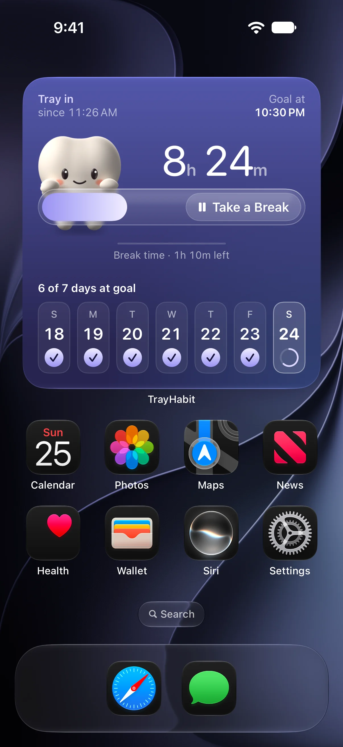iPhone Home Screen with the large TrayHabit widget: tray in since 11:26 AM, 8 hours 24 minutes to the goal at 10:30 PM, six of seven days at goal this week