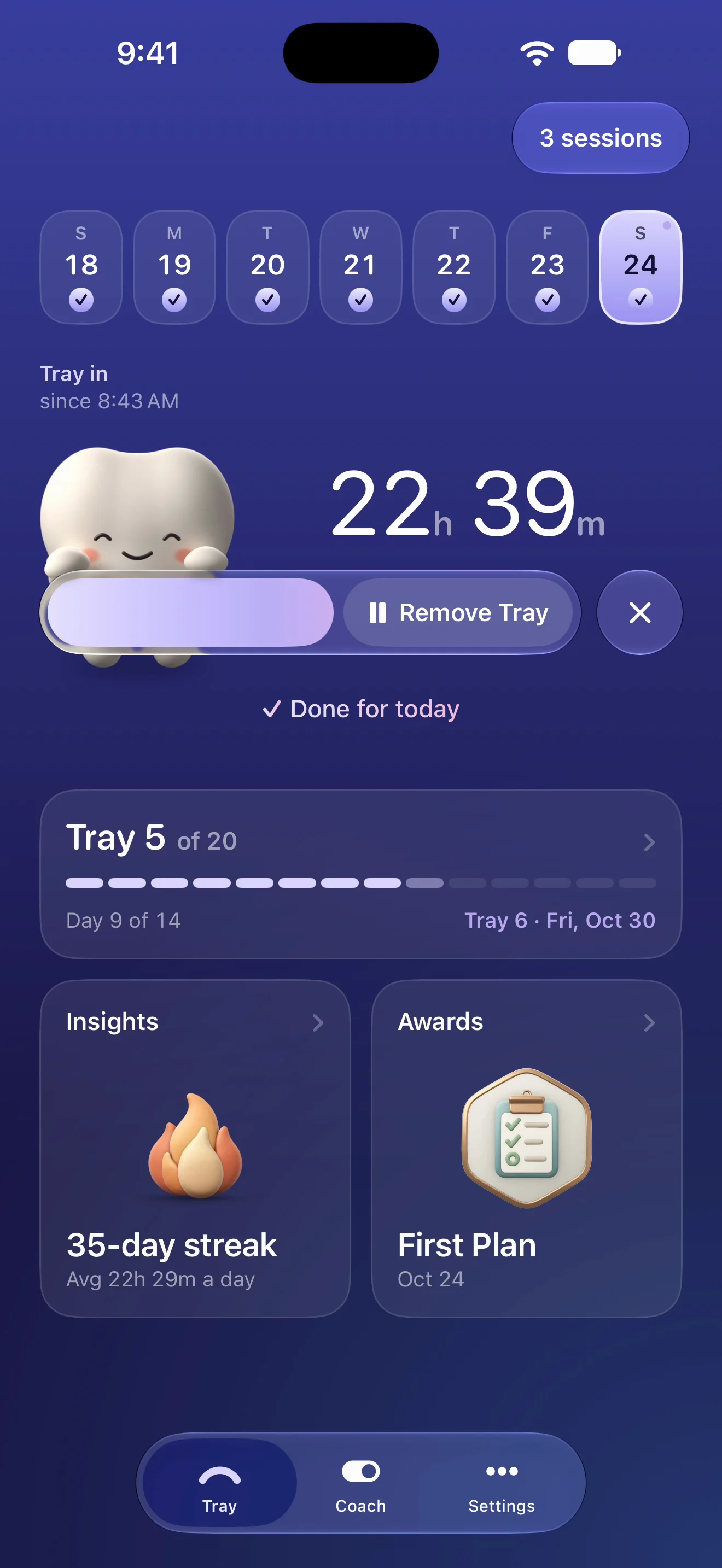 TrayHabit home screen at the end of the day: 22 hours 39 minutes worn, done for today, a 35-day streak