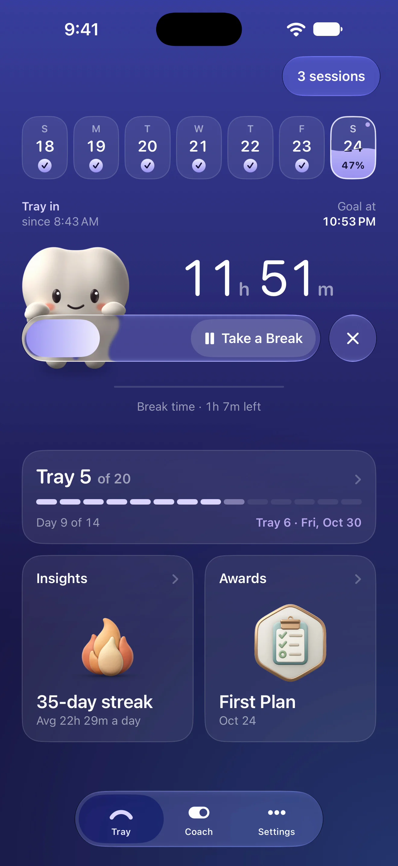 TrayHabit home screen: 11 hours 51 minutes left to today’s 22-hour goal, the tooth mascot peeking over the wear bar