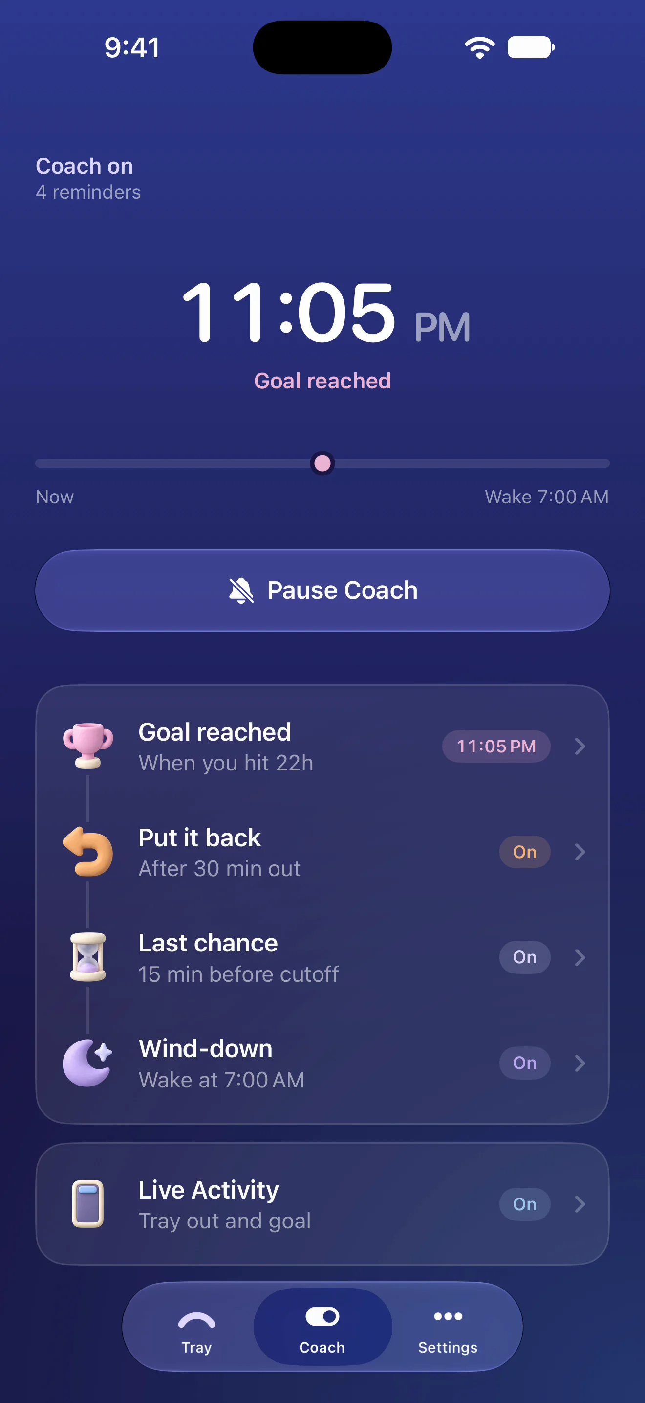 TrayHabit Coach: the next reminder at 11:05 PM and the day’s reminders — goal reached, put it back, last chance and wind-down — with the put-it-back reminder opened