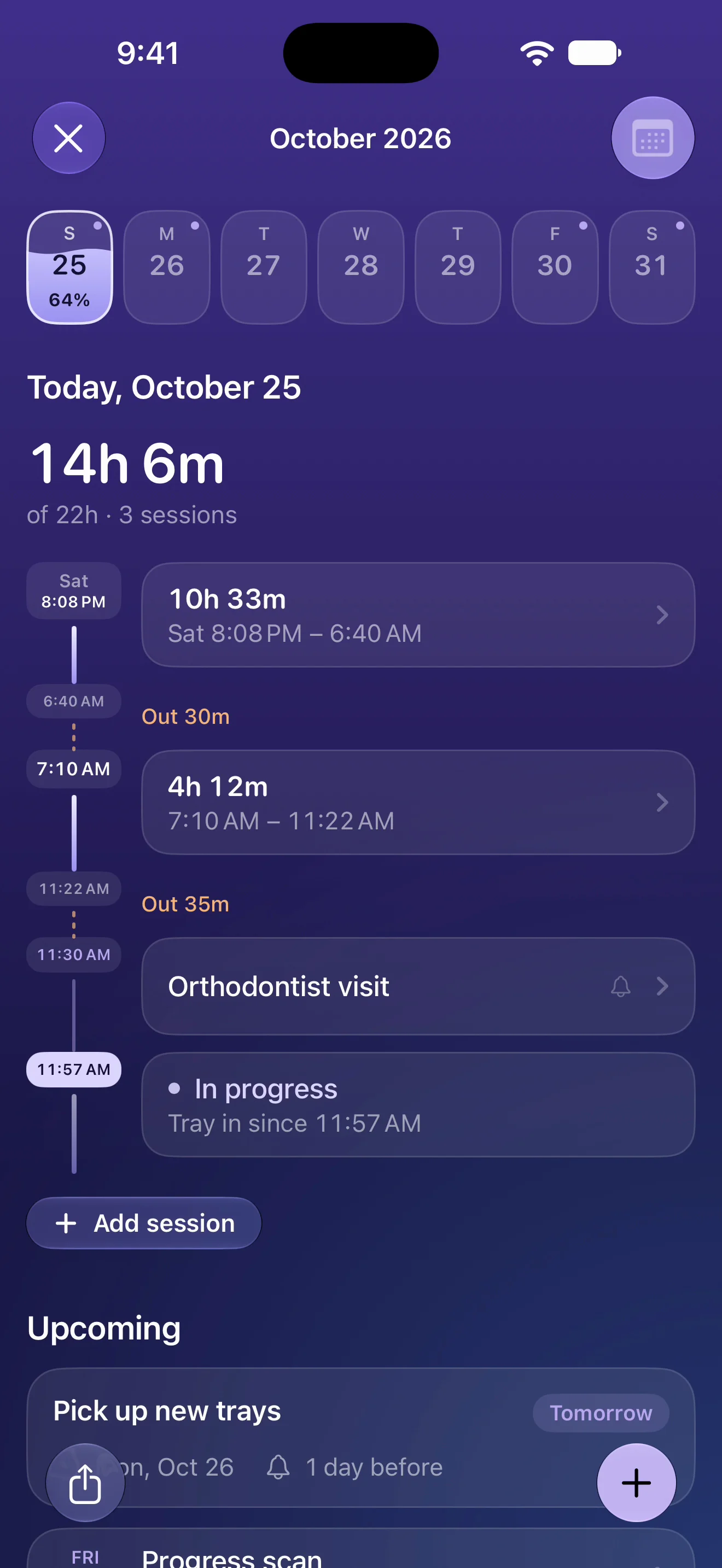 TrayHabit calendar: today’s 14 hours 6 minutes across three sessions, then every month at a glance, a full ring for each day the goal was met